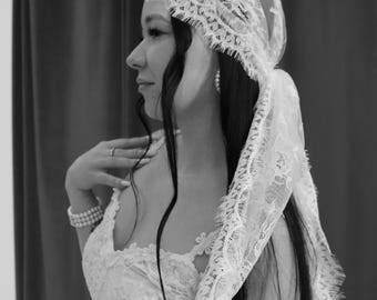Voile bandana en dentelle de Chantilly, casque de mariage rétro, bonnet de mariée romantique