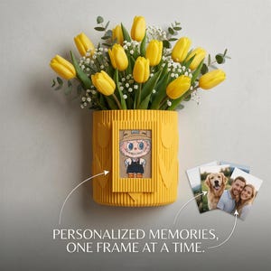 Könnte beinhalten: Eine gelbe Vase mit einem gerahmten Cartoon-Charakter und einem Strauß gelber Tulpen. Die Vase hat ein strukturiertes Design und enthält ein gerahmtes Bild. Neben der Vase liegen mehrere kleine Fotos. Der Text lautet: PERSONALISIERTE ERINNERUNGEN, EIN RAHMEN NACH DEM ANDEREN.
