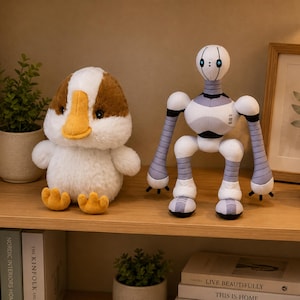May include: A plush toy set featuring a round, white and brown duck with a yellow beak and feet, alongside a white and grey robot figure with a spherical head, thin neck, and articulated limbs, both standing upright on a wooden shelf surface.