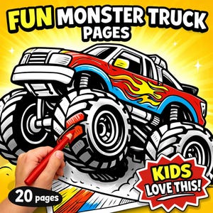 Puede incluir: Portada de un libro para colorear con el texto "FUN MONSTER TRUCK PAGES". La imagen presenta un camión monstruo rojo, blanco y azul con llamas. Una mano sostiene un lápiz rojo, coloreando el neumático del camión. La portada también dice "KIDS LOVE THIS!" y "20 páginas."