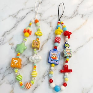 Cute Beaded Phone Charm Keychain Kawaii Game Candy Pendant Bag Charm Colorful Wristlet Strap Gift for Women Girls