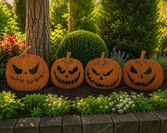 Juego de estacas de calabaza de Halloween para jardín, decoración de calabaza de metal oxidado, arte espeluznante para el patio, decoración de jardín de otoño para exteriores, estacas de mansión embrujada.