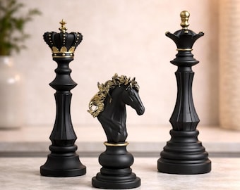 Piezas de ajedrez artísticas: rey, reina o caballo / Decoración moderna de piezas de ajedrez, estatua de resina negra y dorada, decoración de ajedrez para el hogar.