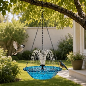 Fuente-comedero para pájaros, cuenco colgante solar para colibríes, elemento acuático para jardín exterior, decoración para comederos de pájaros