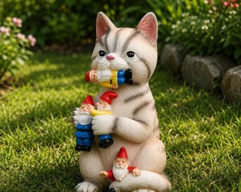 Estatua mágica de gato para jardín con gnomos, linda figura de resina, decoración de jardín en miniatura, adorno exterior caprichoso para amantes de los gatos.