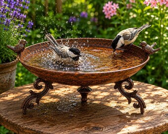Comedero para pájaros, estación de alimentación de colibríes de hierro fundido para jardín, fuente de agua para exteriores, adorno rústico para jardín, decoración para jardín de hadas