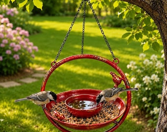 Comedero colgante para pájaros, estación de alimentación de hierro para exteriores, comedero para colibríes, decoración rústica de jardín, adorno para fuente de agua.