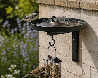 Estantería metálica de pared para plantas y comedero para pájaros con gancho para colgar, soporte para macetas de interior y exterior, bebedero para pájaros y decoración de jardín.