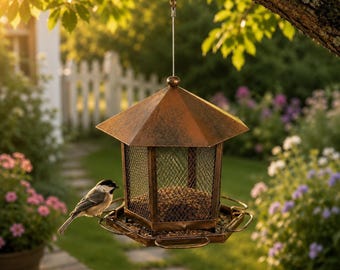 Comedero colgante de hierro para pájaros, adorno de jardín, estación de alimentación para colibríes, decoración rústica hexagonal para exteriores.