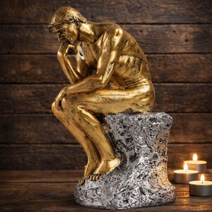 Könnte beinhalten: Goldfarbene Statue einer sitzenden Figur in nachdenklicher Pose, die auf einem silberfarbenen Felsensockel ruht. Die Statue steht vor einem dunklen Holzhintergrund, mit drei brennenden Kerzen im Vordergrund.