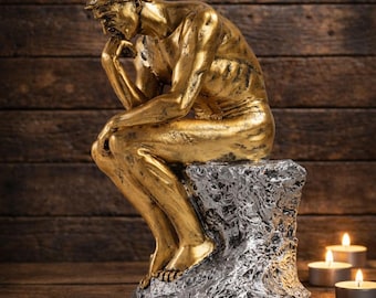 Escultura de la estatua del pensador, arte abstracto del pensador, la estatua del pensador, arte expresionista, decoración de estante de resina dorada y blanca