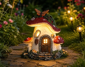 Lámpara solar de casita de hadas con forma de hongo, decoración de casita de jardín de hadas, adorno de casita de hadas, decoración de jardín estilo cottagecore, regalo para jardín secreto