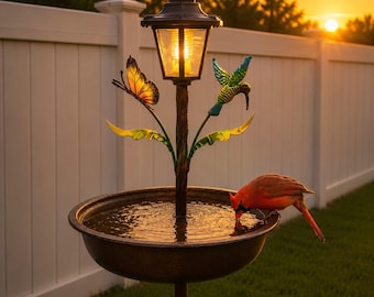 Baño solar para pájaros con linterna LED, comedero de metal para pájaros, decoración de jardín para colibríes, regalo para amantes de las aves