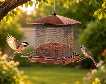 Comedero colgante de hierro para pájaros, adorno de jardín, estación de alimentación cuadrada para colibríes, comedero rústico para pájaros de exterior, decoración de jardín.