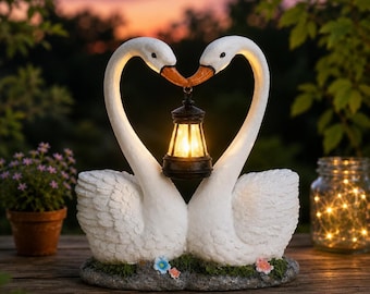 Estatua de cisne blanco con linterna solar, decoración romántica para jardín, escultura de amor, regalo para parejas, luz solar para exteriores.