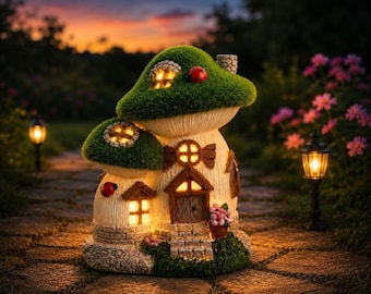 Decoración de casa de hadas con forma de seta solar, casita de jardín de hadas, casa en miniatura, adorno mágico para jardín, regalo de luz solar para exteriores