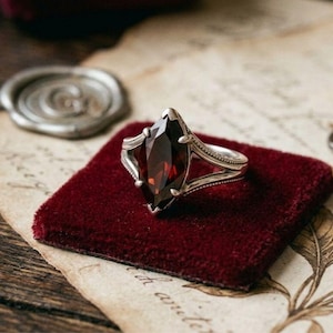 Vintage Marquise Red Garnet Brass Statement Ring, Gothic Victorian Style Anniversary