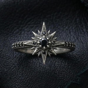 North Star Ring, Black Onyx Starburst Band, Gothic Celestial Jewelry, Stackable Brass Ring