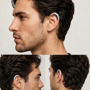 May include: A silver ear cuff is shown on a person's ear in three different views. The ear cuff has a curved design that wraps around the ear. The cuff is made of multiple connected segments, giving it a modern, industrial look. The person has dark hair and a beard.