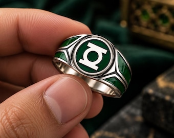 Lantern Power Ring | Green Enamel Signet Ring | Fantasy Inspired Statement Jewelry for Men & Women | Unique Collector Ring