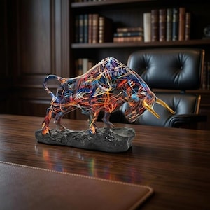 Peut inclure: Une sculpture de taureau en verre coloré avec des cornes dorées, posée sur une base noire. Le taureau est décoré de stries vibrantes rouges, oranges, bleues et jaunes. La sculpture est exposée sur un bureau en bois sombre.
