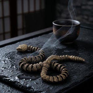 May include: A detailed brass snake incense burner with smoke rising from its mouth. The snake is coiled on a dark, textured surface, with a small cup in the background. The burner is designed with intricate scales and patterns.
