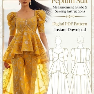 Op de afbeelding: Een digitaal PDF-naaipatroon voor een luxe peplum-pak, bestaande uit een mosterdgeel topje met pofmouwen en een bijpassende broek. De afbeelding bevat de tekst BISU FASHION STUDIO, Luxury Peplum Suit, Measurement Guide & Sewing Instructions en Digital PDF Pattern Instant Download.