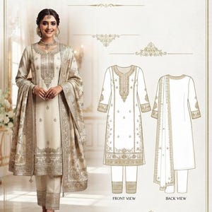 Könnte beinhalten: Ein digitaler Leitfaden mit dem Titel BISU Fashion Studio Luxury Salwar Kameez Measurement Guide & Sewing Instructions. Er zeigt einen cremefarbenen Salwar Kameez mit Goldstickerei sowie technische Strichzeichnungen der Vorder- und Rückansicht.