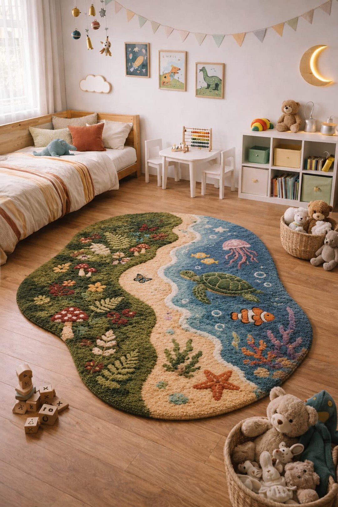 Ocean Life Tufted Rug, Coastal Beach Area Rug, Oval Sea Turtle Carpet ...