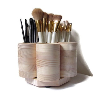 STUDIO Rotating Makeup Brush Holder Wood, Makeup Brush Organizer, Cosmetics Storage, Made in USA