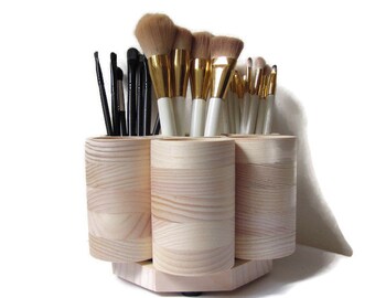 STUDIO Rotating Makeup Brush Holder Wood, Makeup Brush Organizer, Cosmetics Storage, Made in USA