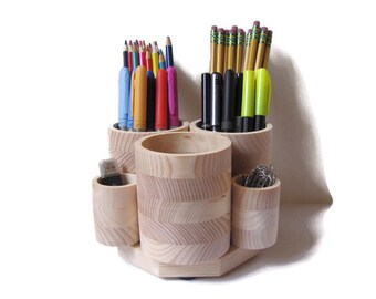 6 Cup DESKTOP Rotating Pencil Holder Marker Storage Desk Organizer, Wood Pencil Cup, Holds 75+ Markers Pens, Office Supplies, Made in USA