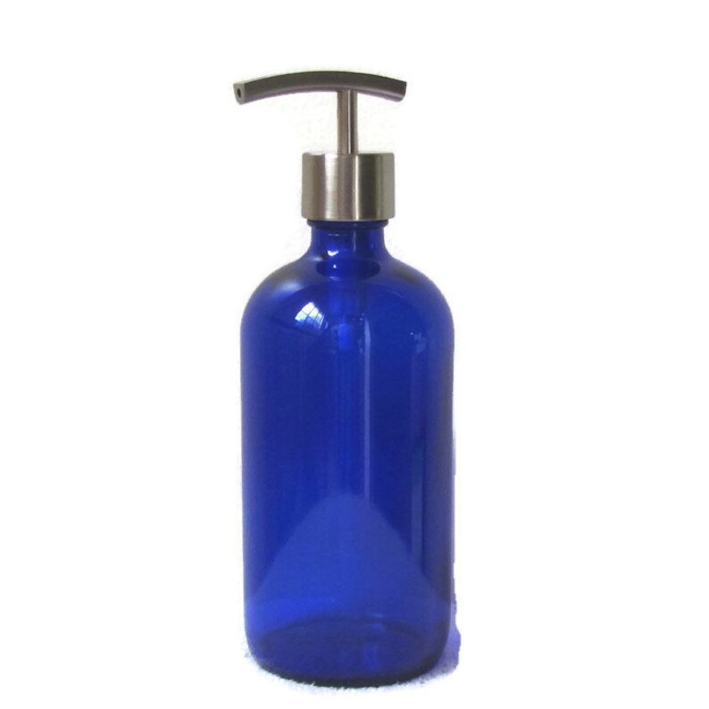 Cobalt Blue Glass Soap Dispenser 16oz With Modern Curve Stainless Steel Pump Hand Lotion Dish