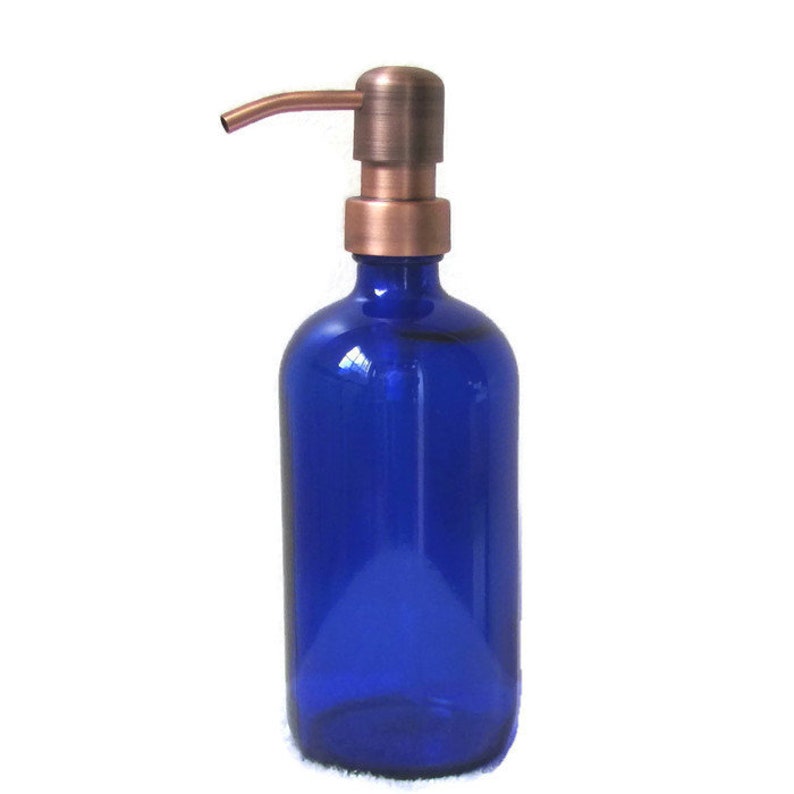 Cobalt Blue Glass Soap Dispenser 16oz With Antique Copper Pump Hand Lotion Dish