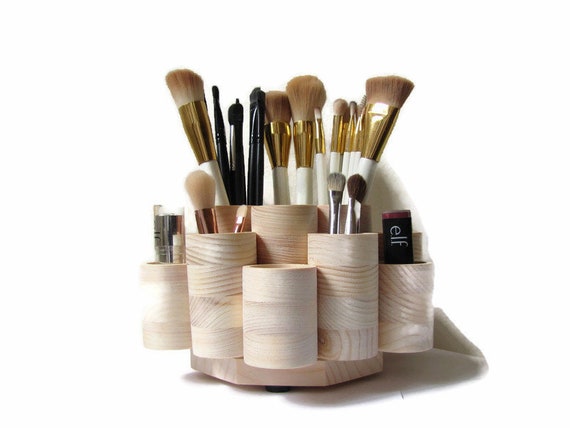 DELUXE Rotating Makeup Brush Holder Wood, Tiered Makeup Brush