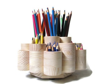 DELUXE Rotating Colored Pencil Holder Storage Organizer, Tiered Pencil Cup Caddy with Stub Cups, Wood, Holds 260 Pencils Pens. Made in USA