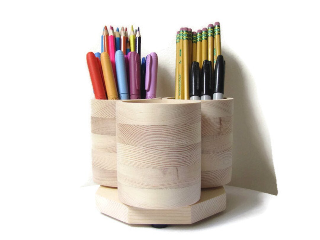 3 Cup DESKTOP Rotating Pencil Holder Marker Storage Desk Organizer Wood