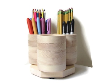 3 Cup DESKTOP Rotating Pencil Holder Marker Storage Desk Organizer Wood, Holds 75 Markers Pens Pencils, Crochet Hooks, Made in USA