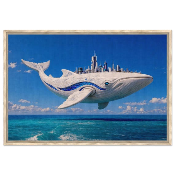 Whale City above the ocean. The “Heavenly city” Collection. Framed Canvas