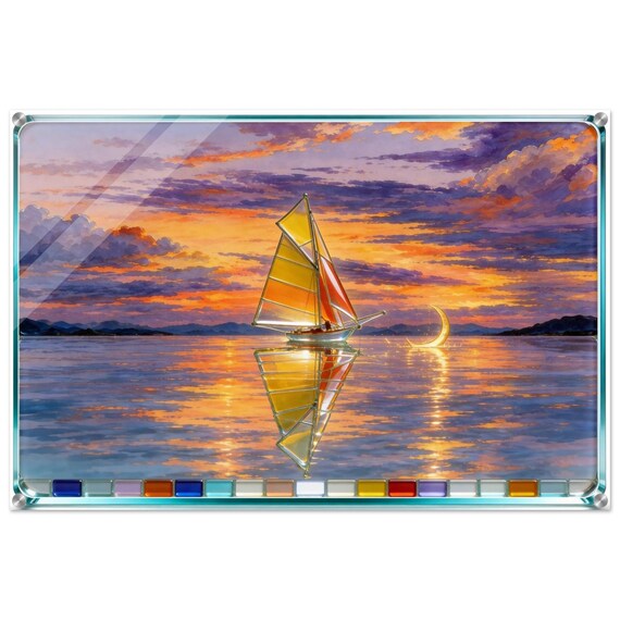 Acrylic painting "The meeting of the yacht and the crescent moon." | Fusing Collection | Fusing-style decor