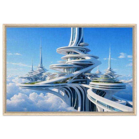 Tower beyond the clouds. The “Heavenly city” Collection. Framed Canvas