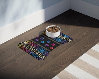 Alfombrilla para comedero de mascotas con estampado de huellas de arcoíris / Mantel individual antideslizante con estampado de leopardo para cuenco