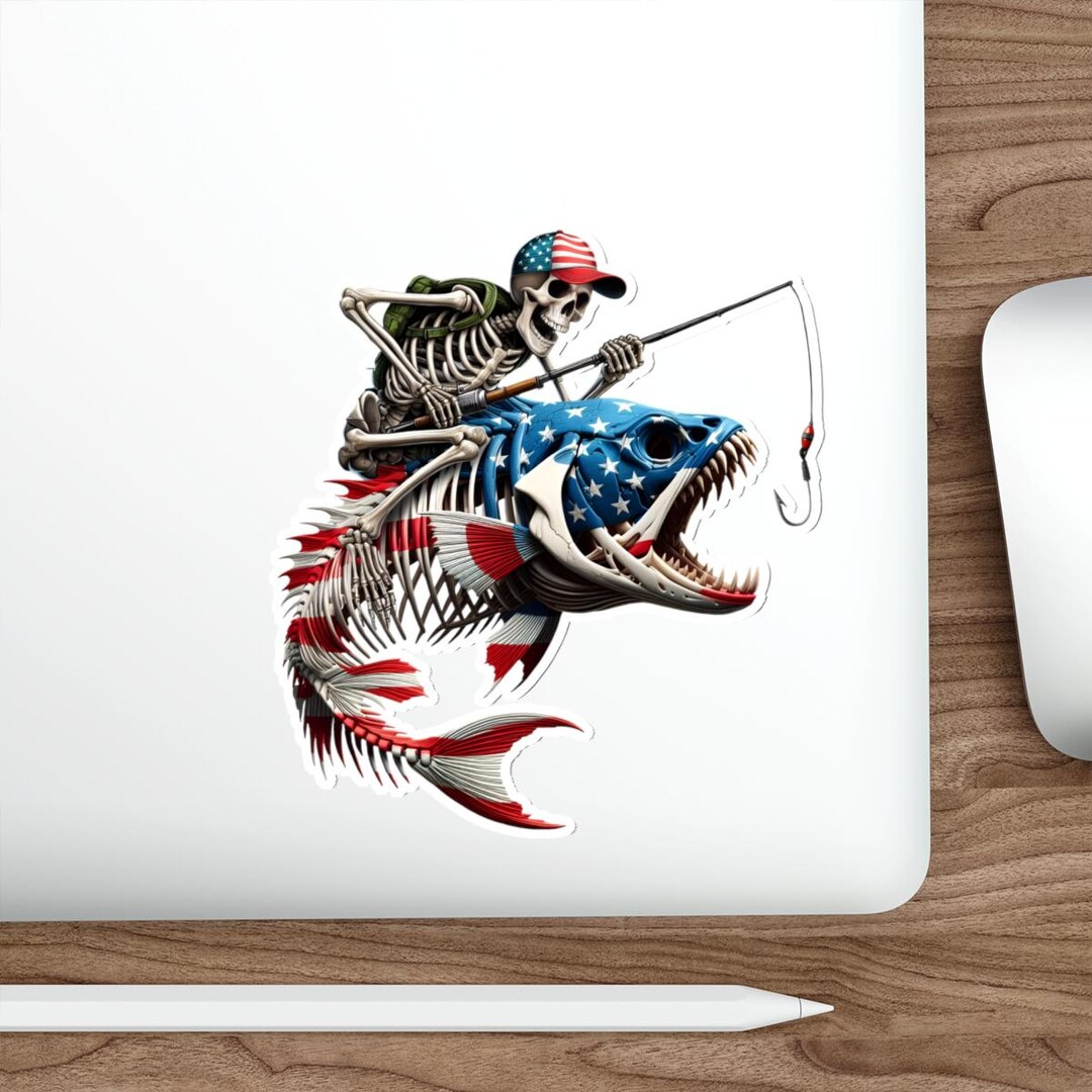 Skeleton Angler Riding American Flag Fish Die-cut Stickers | Patriotic ...