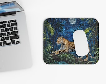 Alfombrilla de ratón con estampado de leopardo en la jungla iluminada por la luna / Alfombrilla de escritorio con temática de safari nocturno