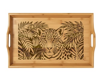Taca bambusowa z grawerunkiem w dżunglę z motywem lamparta | Drewniana taca dla gospodyni