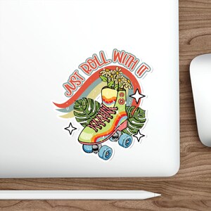 Pegatina retro de patines "Just Roll With It" / Pegatina troquelada