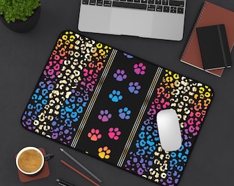 Rainbow Leopard Print Paw Pattern Desk Mat | Colorful Animal Print Mousepad