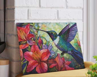 Tabla de cortar de cristal con colibrí colorido y flores rojas / Decoración floral para la cocina