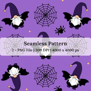 Könnte beinhalten: Nahtloses Muster mit Cartoon-Zwergen mit Fledermausflügeln, Spinnen und Spinnweben auf lila Hintergrund. Die Zwerge tragen lila Hüte mit gelben Spitzen und haben weiße Bärte. Der Text "Seamless Pattern" wird angezeigt.