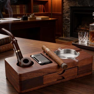 May include: A wooden cigar and pipe ashtray with a built-in lighter and cigar rest. A smoking pipe and a lit cigar rest on the ashtray. A glass decanter and two glasses sit on a silver tray. The ashtray is on a wooden desk.